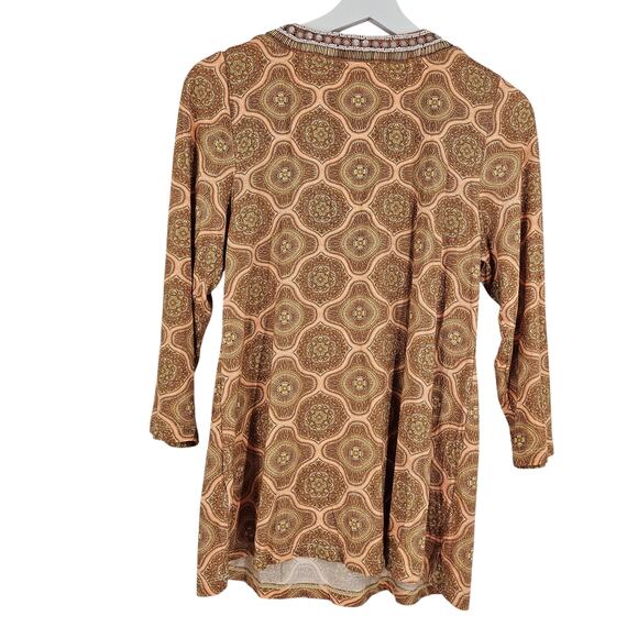 Soft Surroundings Lillia Tunic Top Brown Beaded V-Neck Tile Print 3/4 Sleeve PM - Picture 7 of 7